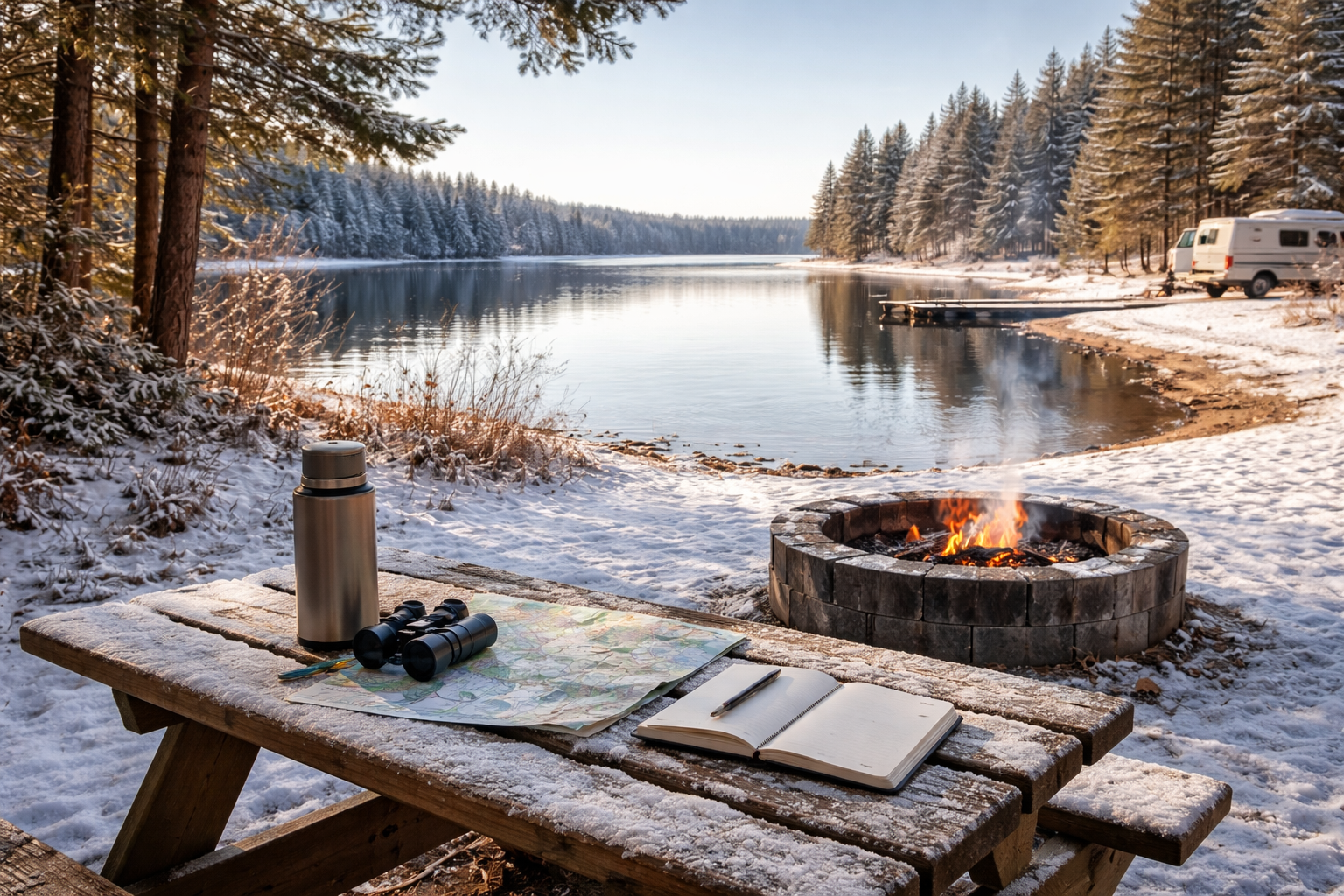Winter lake view at Lakeside Resort Campground as campers plan for the upcoming season